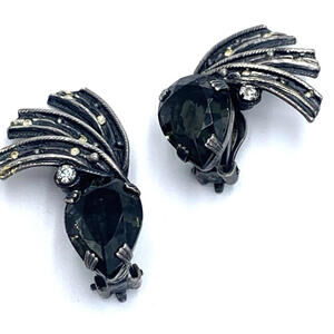 MCM Art Deco Rhinestone Teardrop Clip On Sterling Silver Earrings Patent Pending